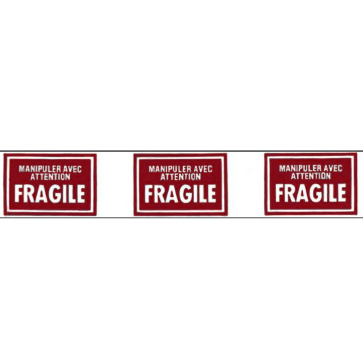 Three red 'Fragile' labels with white text on a white background