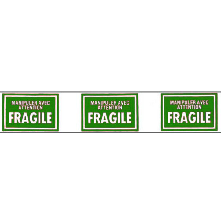 Three green 'Fragile' labels with white text on a white background