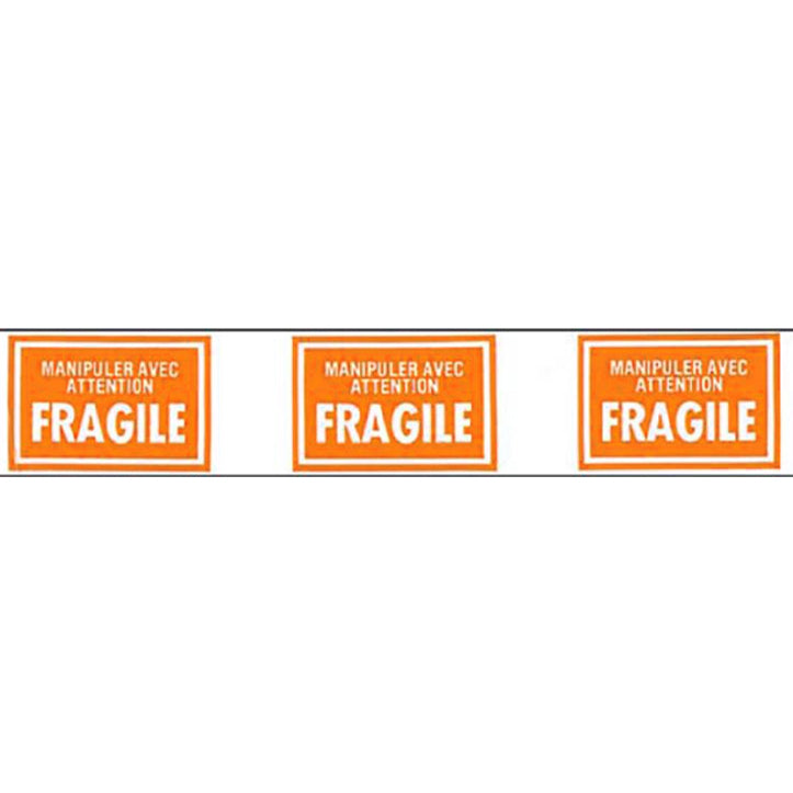Three orange 'Fragile' labels with white text on a white background