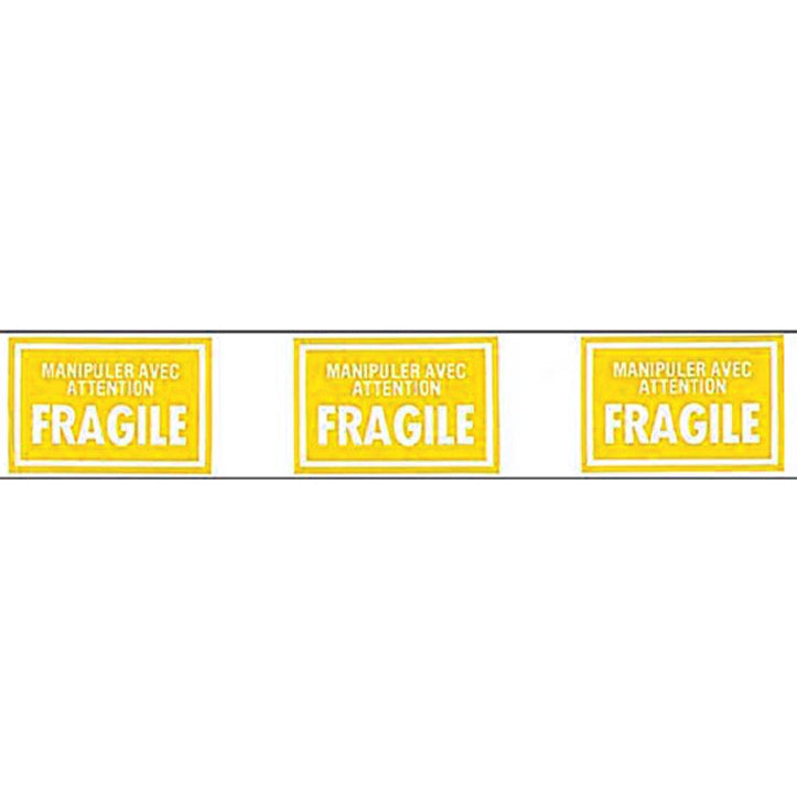 Three yellow 'Fragile' labels with black text on a white background
