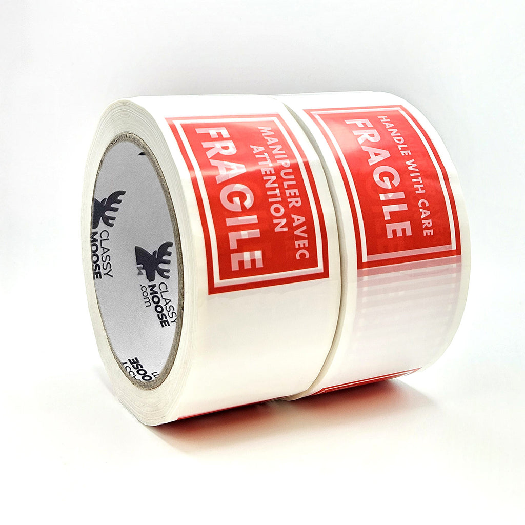 FRAGILE - HANDLE WITH CARE PVC Tape Bilingual 48 mm or 72 mm x 66 M side view