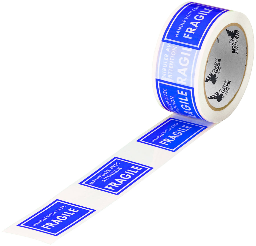 Roll of blue 'Fragile' labels on a white background