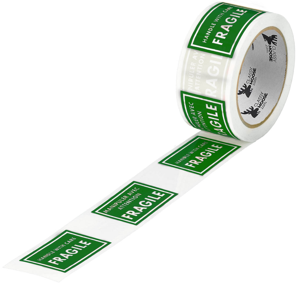 Roll of green and white 'Fragile' tape with labels on a white background