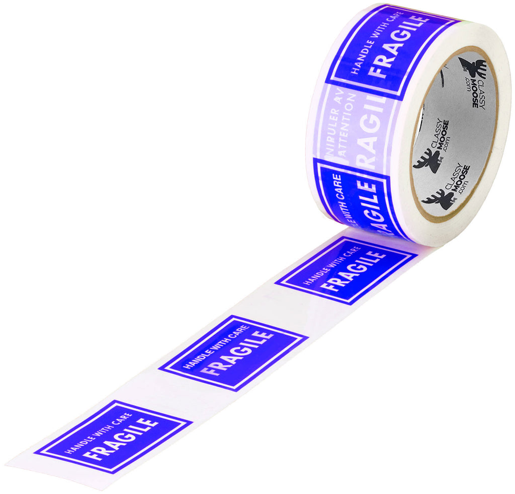 Roll of blue 'Fragile' labels with a white background