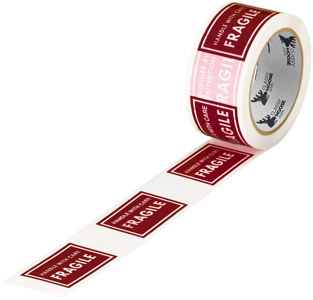 Roll of fragile tape with red labels on a white background