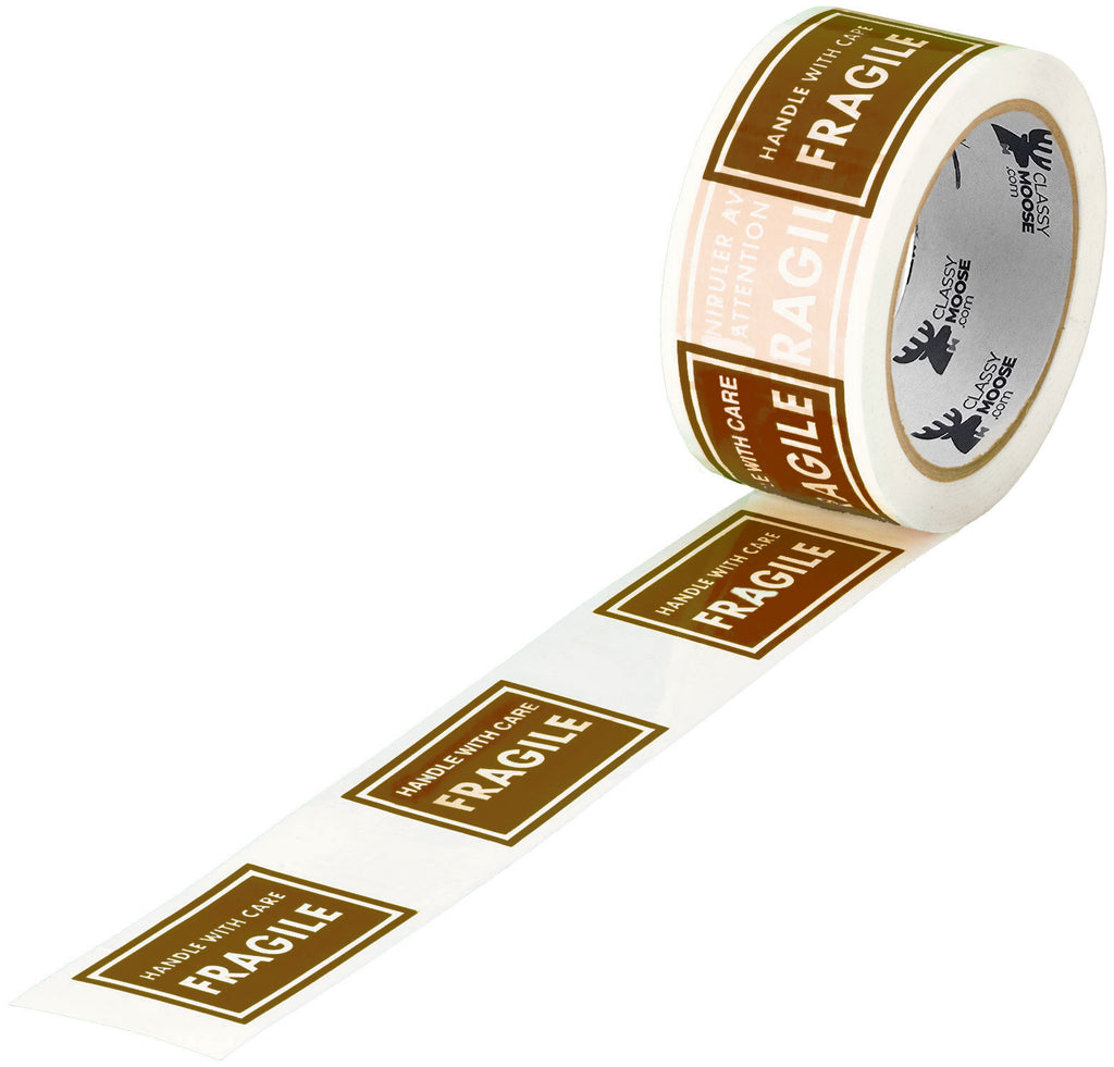 Roll of fragile tape with labels on a white background