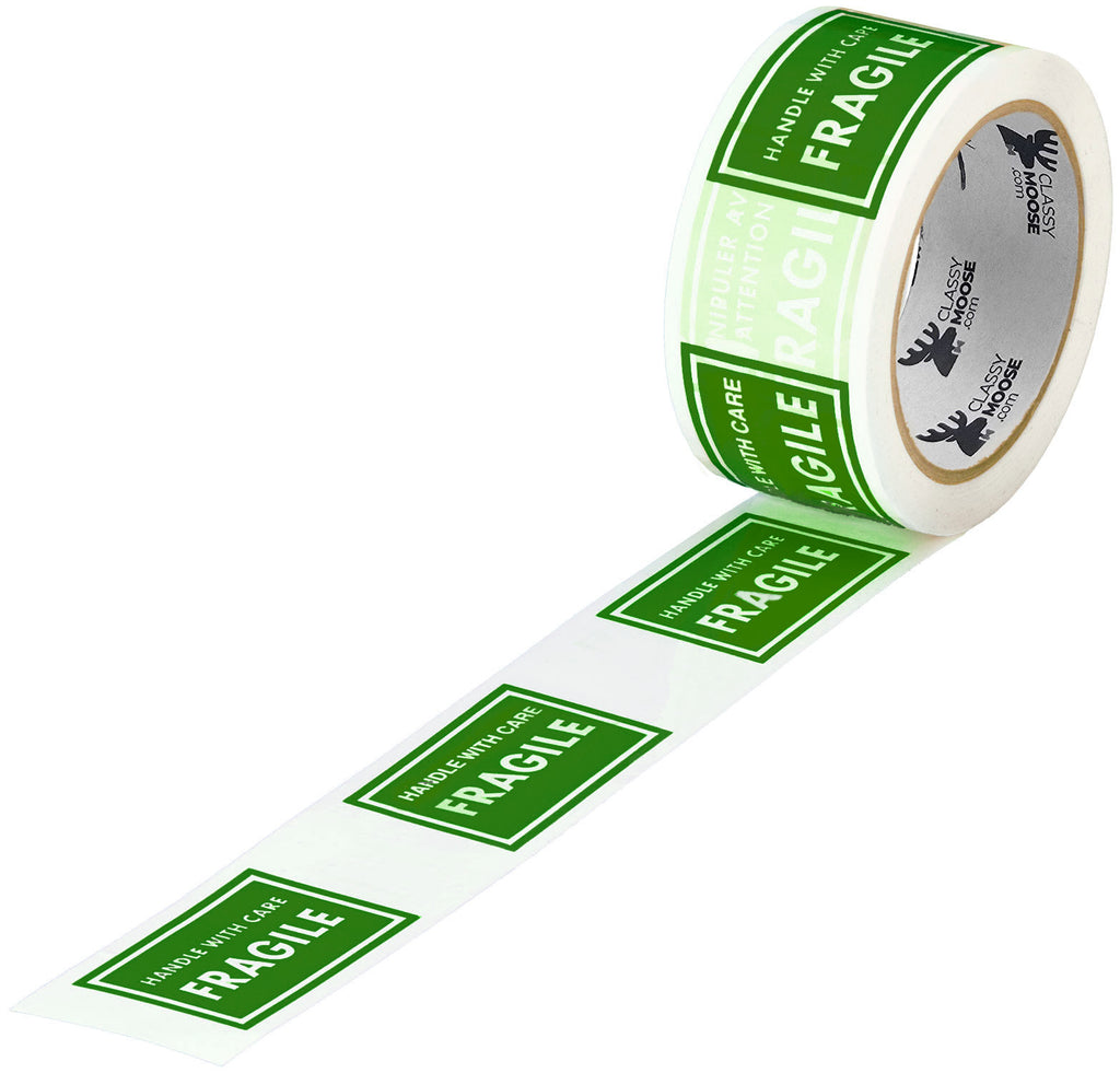 Roll of green 'Fragile' labels on a white background