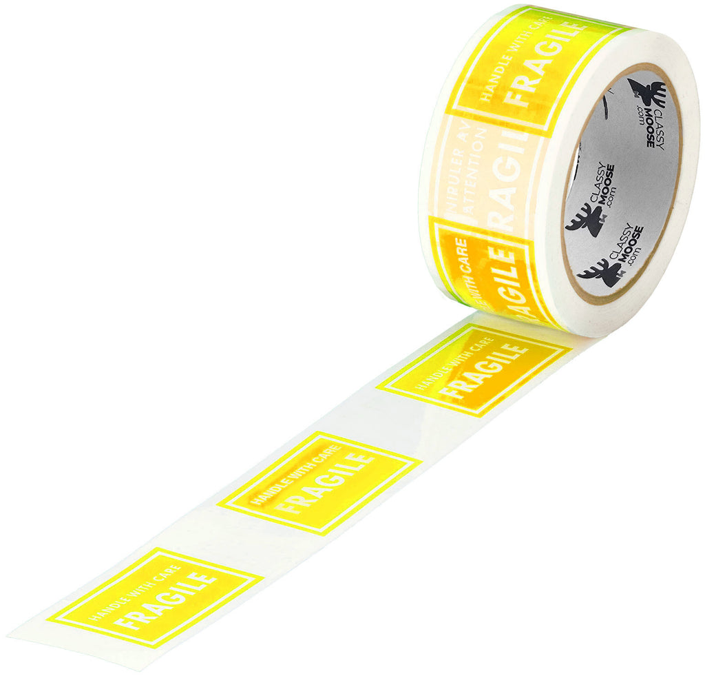 Roll of yellow fragile labels on a white background