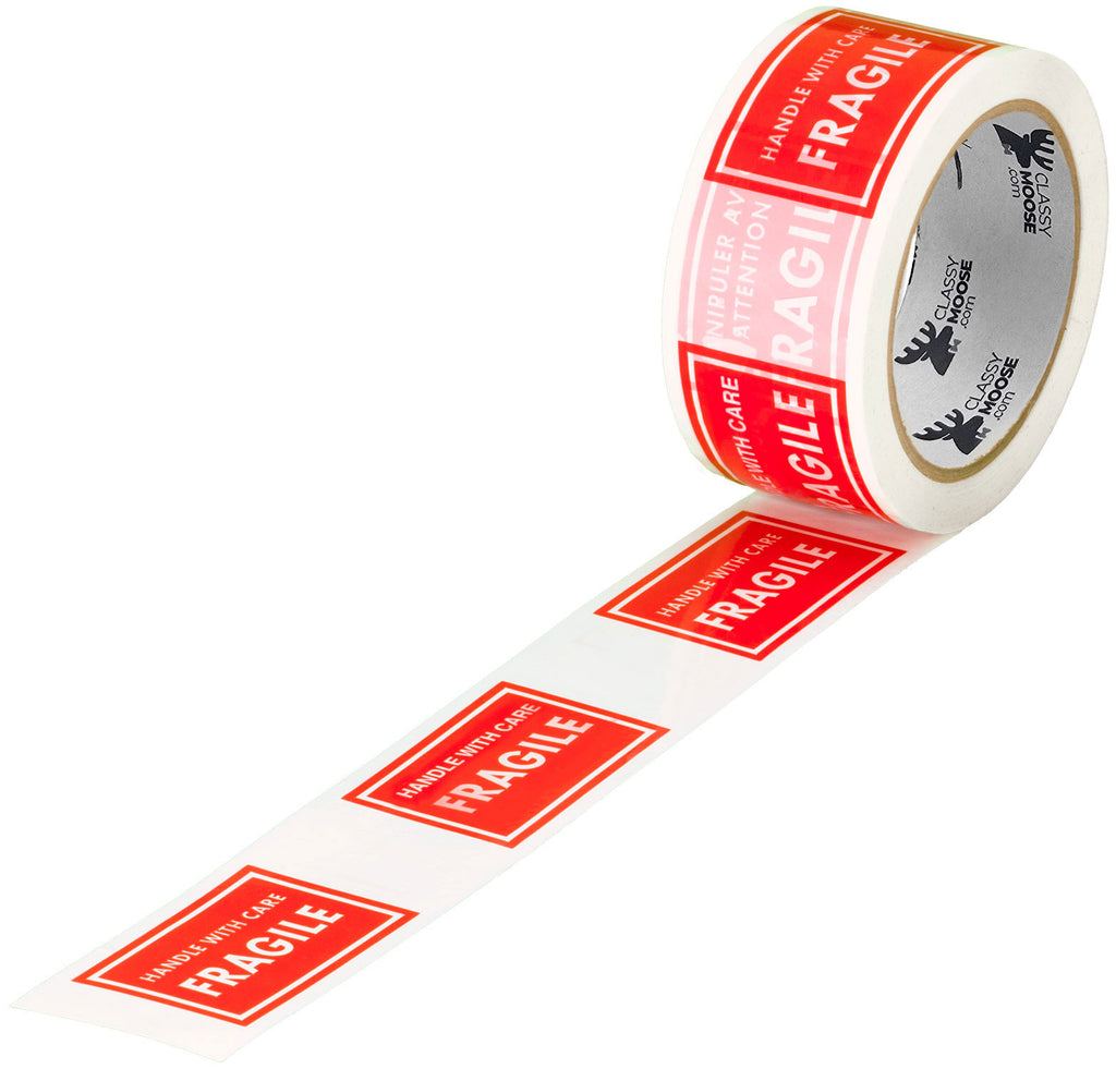 Roll of fragile tape with red 'Fragile' labels on a white background