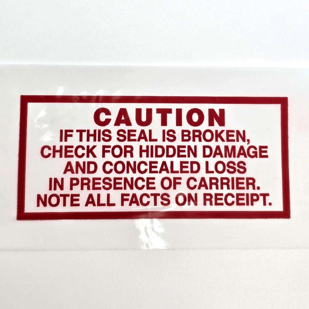 Red warning label on a white background with text about checking for hidden damage.