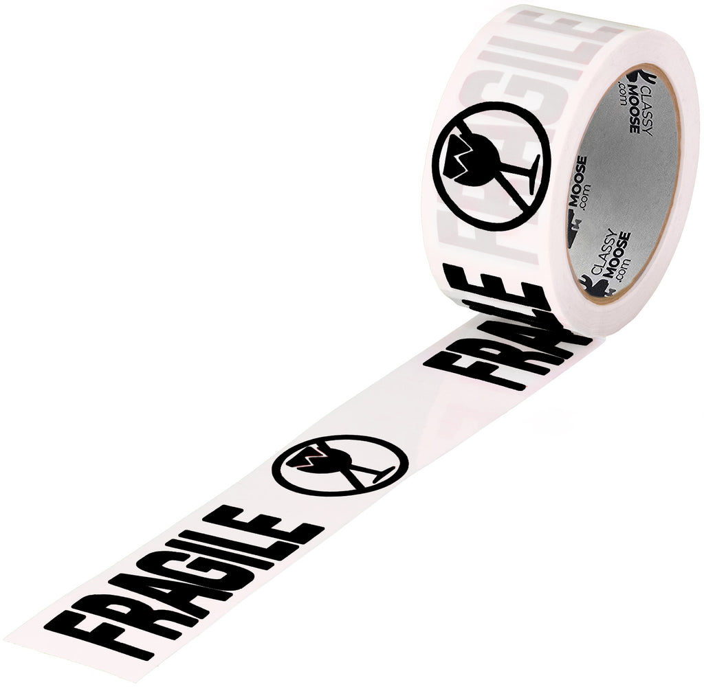 Roll of white tape with 'Fragile' text and symbols on a white background