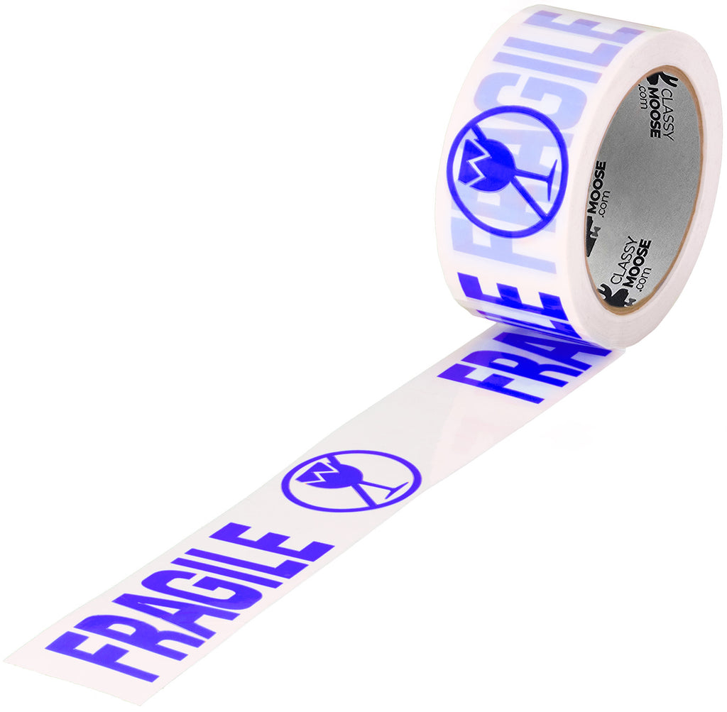 Roll of white tape with blue 'Fragile' text on a white background
