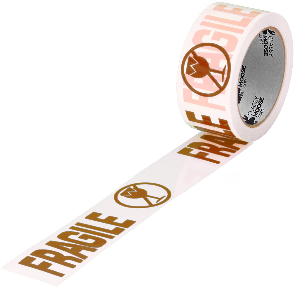 Roll of 'Fragile' tape with a visible brand logo on a white background