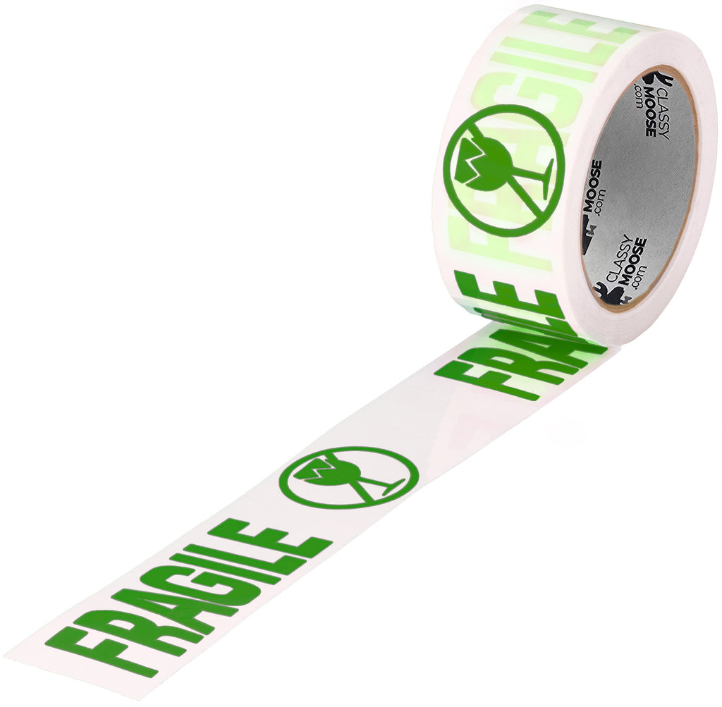 Roll of white tape with green 'Fragile' text on a white background