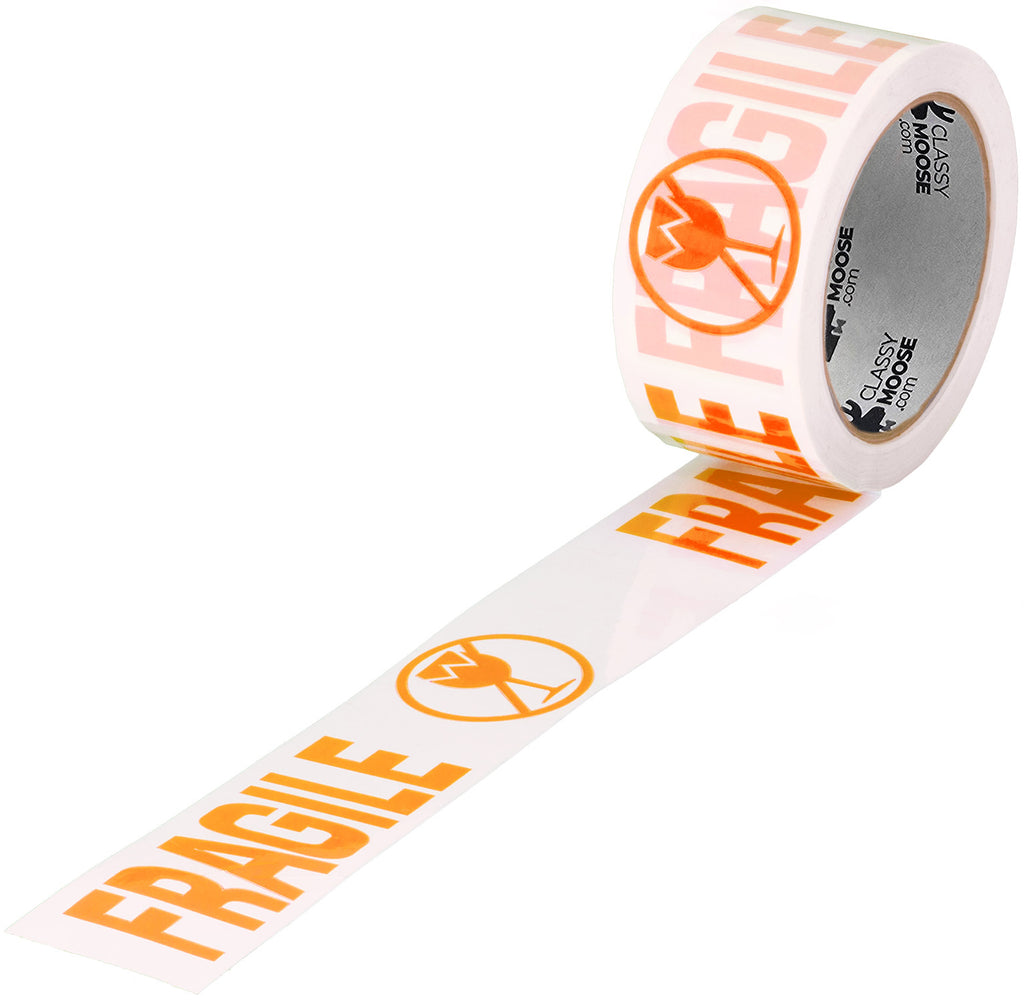 Roll of 'Fragile' tape with orange text on a white background