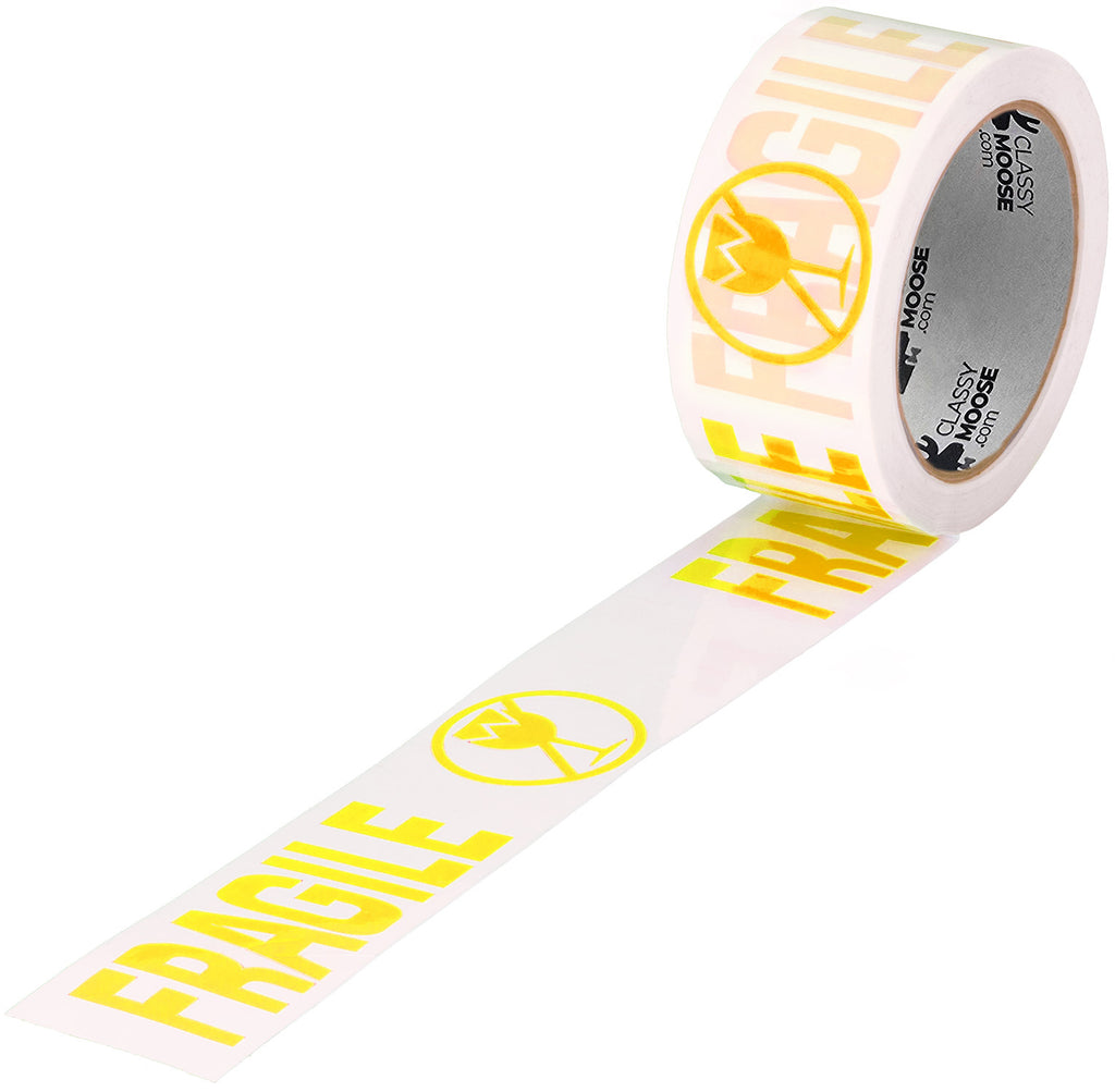 Roll of tape with 'Fragile' label on a white background
