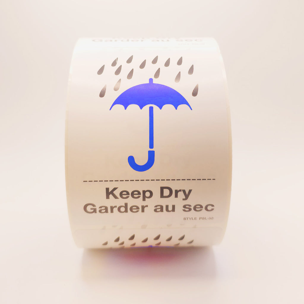 Roll of labels with a blue umbrella and raindrop design, labeled 'Keep Dry'. front view