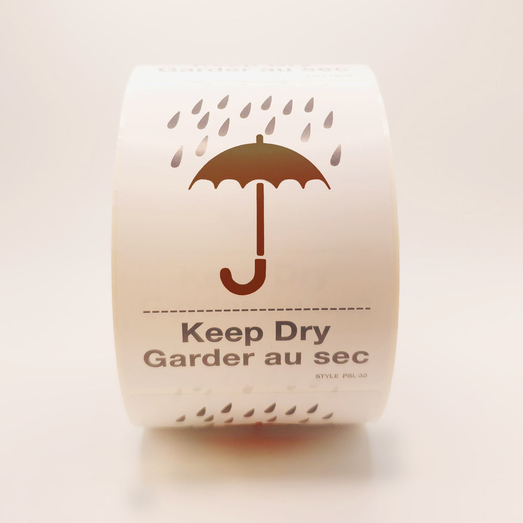 Roll of labels with a brown umbrella and raindrop design, labeled 'Keep Dry'. front view
