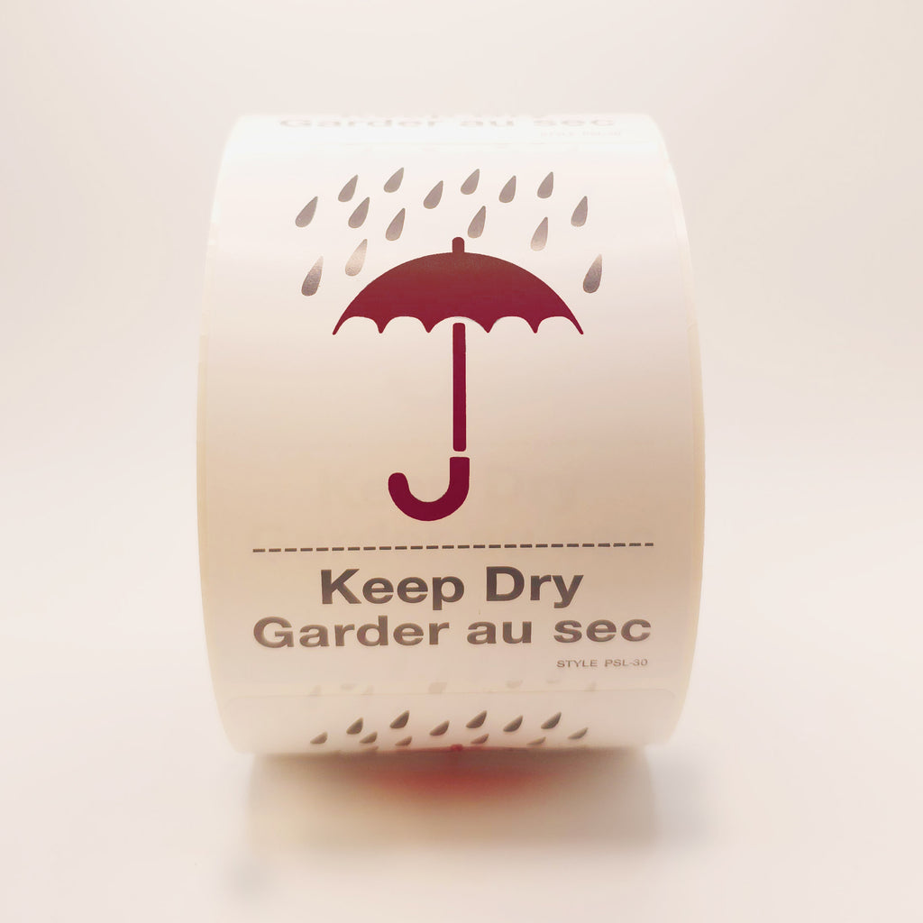 Roll of labels with a burgundy umbrella and raindrop design, labeled 'Keep Dry'. front view