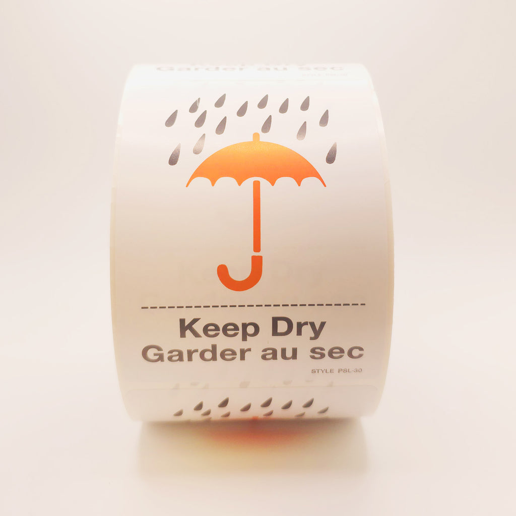 Roll of labels with a orange umbrella and raindrop design, labeled 'Keep Dry'. front view