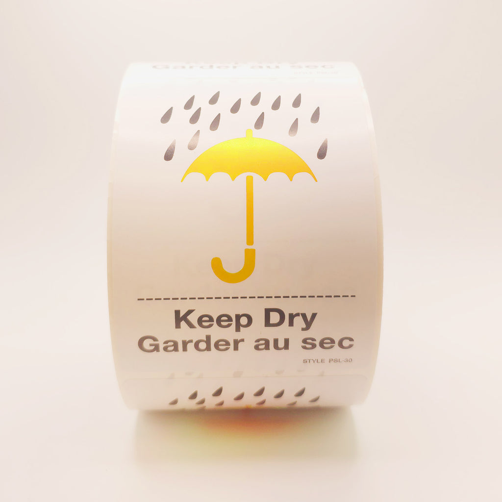 Roll of labels with a yellow umbrella and raindrop design, labeled 'Keep Dry'. front view
