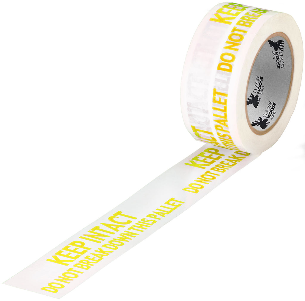 Roll of warning tape with text 'KEEP INTACT DO NOT BREAK THIS PALLET' on a white background