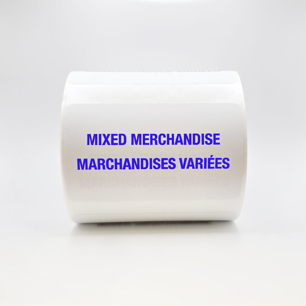 Roll of white tape with blue text 'MIXED MERCHANDISE MARCHANDISES VARIEES' on a white background