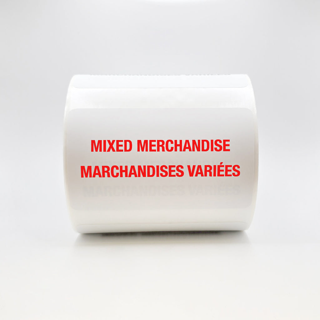 Roll of stickers with 'Mixed Merchandise' text in red on a white background