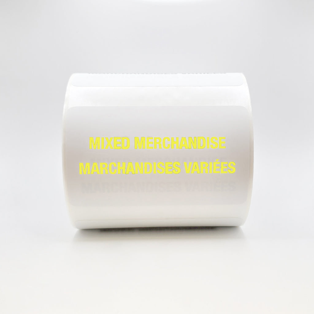 roll of white stickers with yellow text on a white background