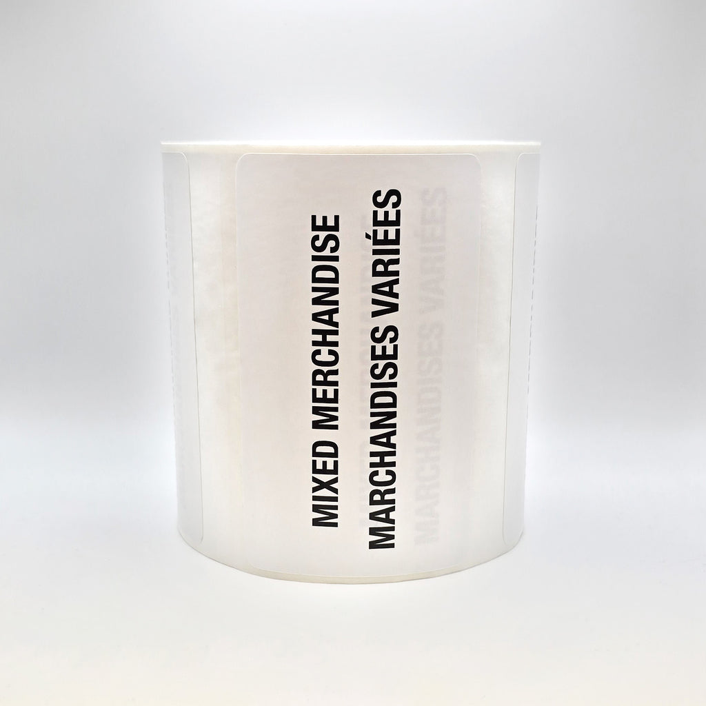 roll of white labels with Mixed merchandise / marchandises variées written on it in black.