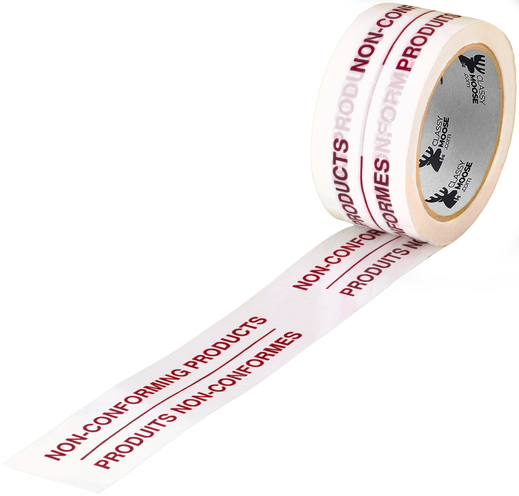 Roll of tape with 'Non-Conforming Products' burgundy text on a white background