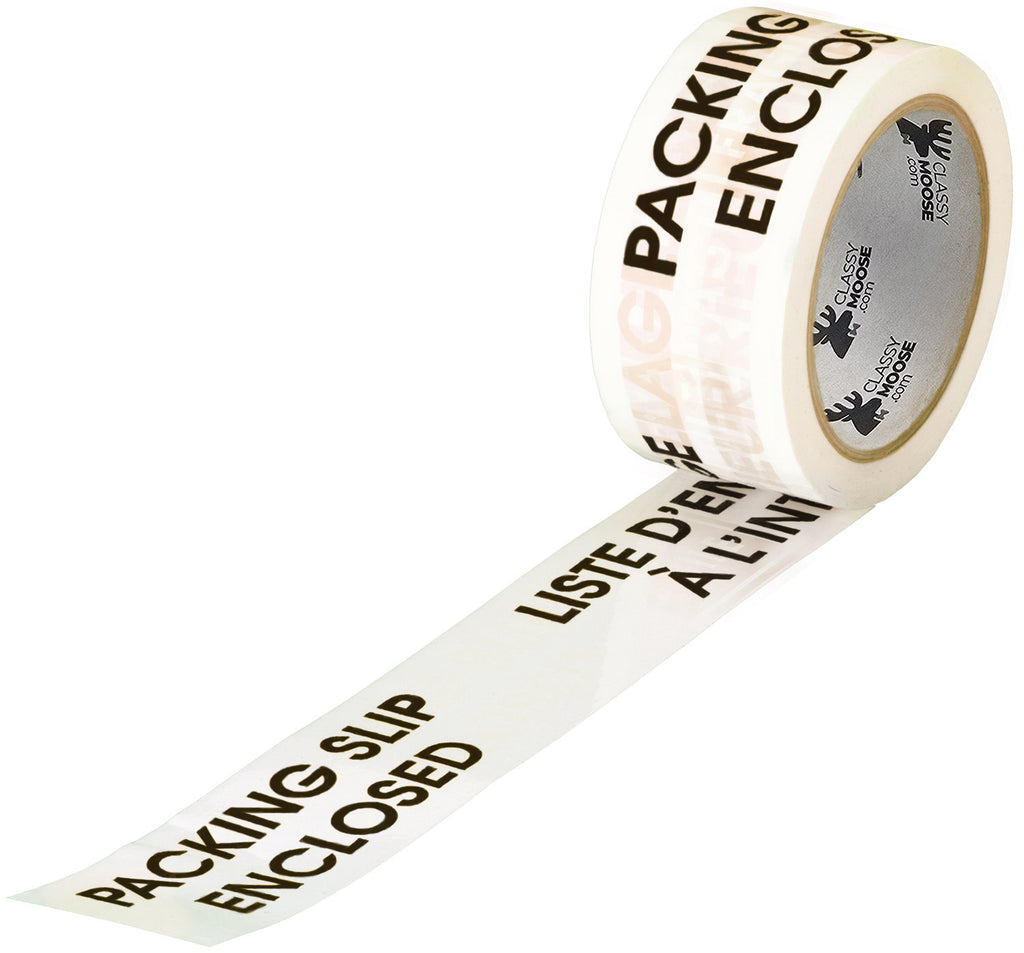 Roll of tape with 'Packing Slip Enclosed' text on a white background