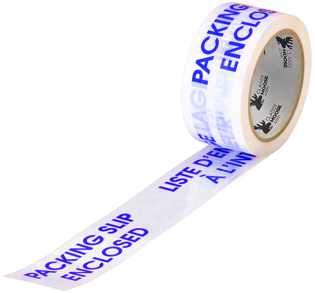 Roll of tape with 'Packing Slip Enclosed' text on a white background