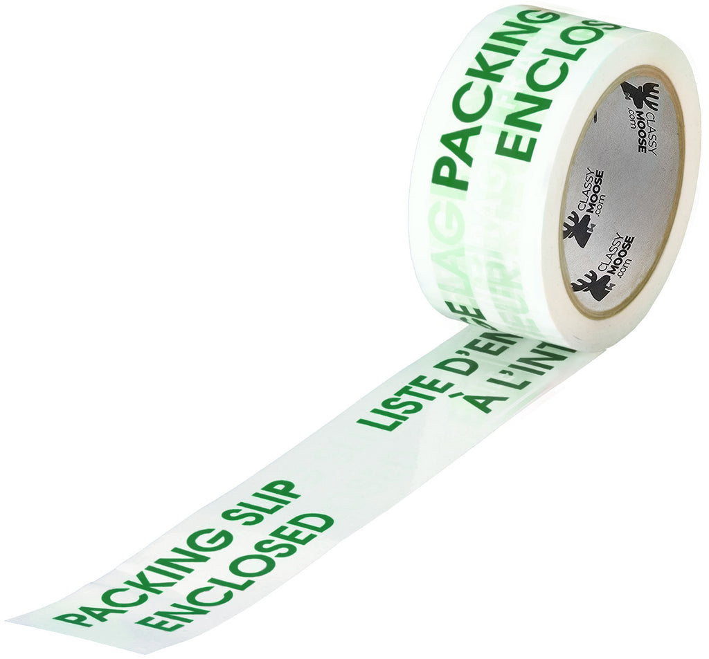 Roll of tape with 'Packing Slip Enclosed' text on a white background