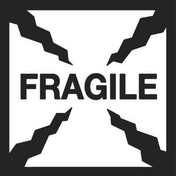 A black and white 'Fragile' sticker label with a bold text and a cross design