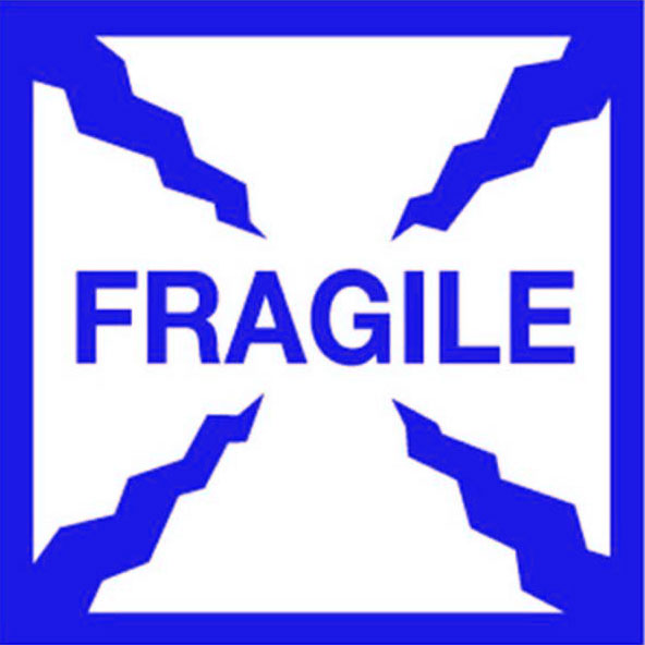 A blue and white 'Fragile' sticker label with a bold text and a cross design