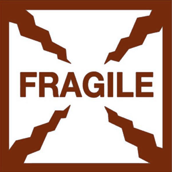 A brown and white 'Fragile' sticker label with a bold text and a cross design