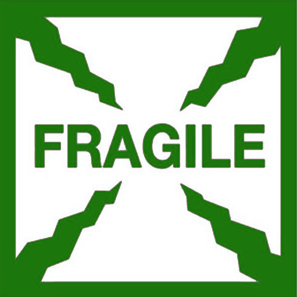 A green and white 'Fragile' sticker label with a bold text and a cross design