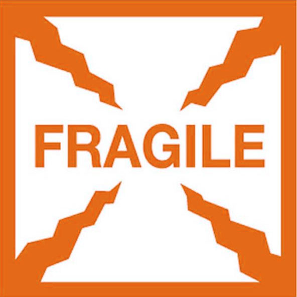 A orange and white 'Fragile' sticker label with a bold text and a cross design