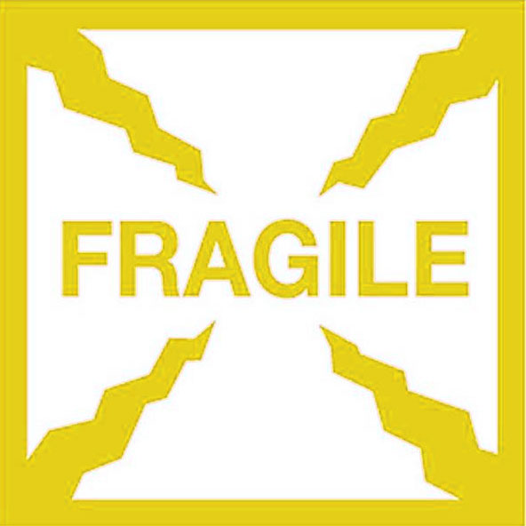 A yellow and white 'Fragile' sticker label with a bold text and a cross design