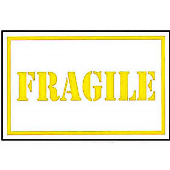 Roll of tape with 'Fragile' labels on a white background in yellow