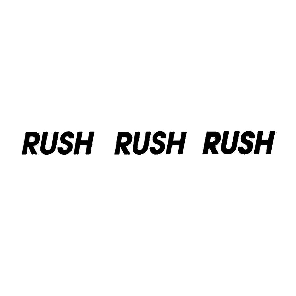 black Repetition of the word 'RUSH' in black text on a white background