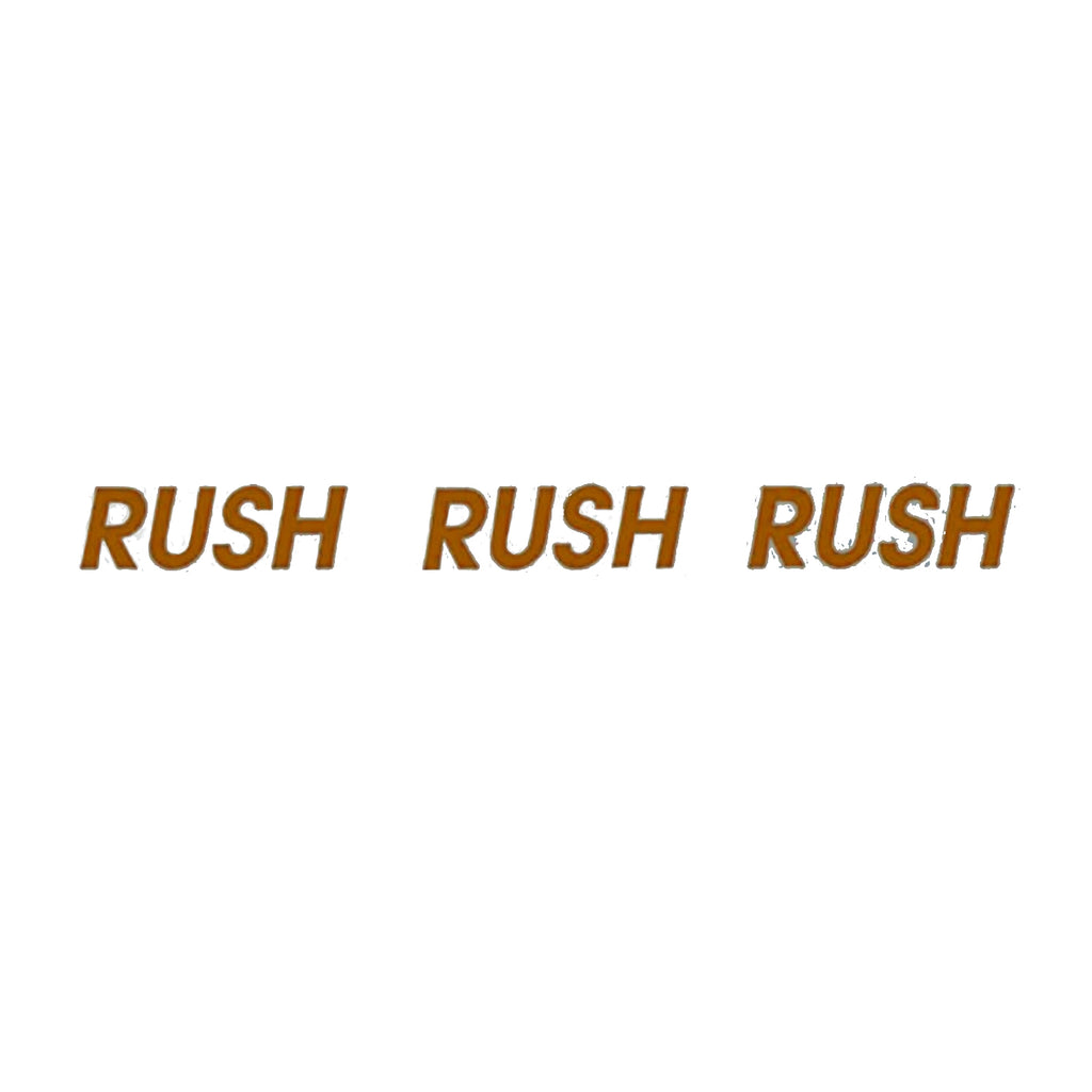 Three instances of the word 'RUSH' in brown on a white background