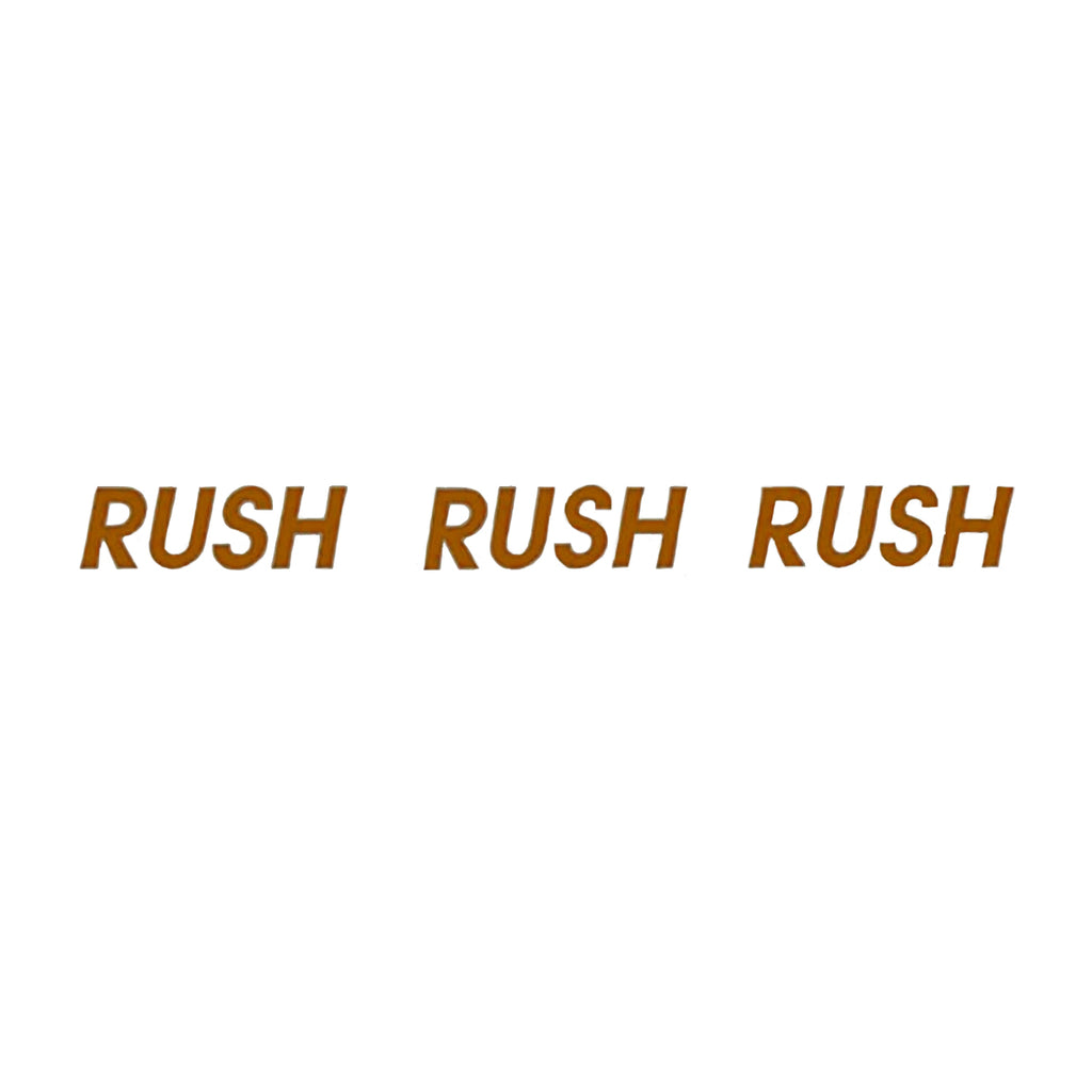 Three instances of the word 'RUSH' in brown text on a white background