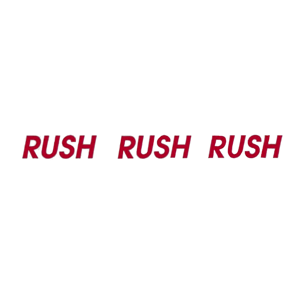 Red 'RUSH' text repeated three times on a white background