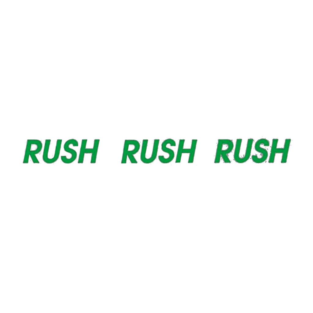 Green text 'RUSH' repeated three times on a white background