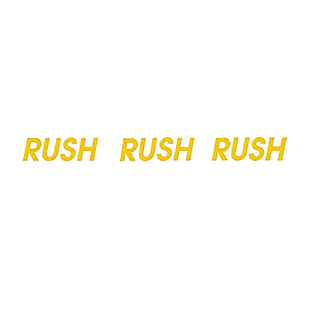 Three instances of the word 'RUSH' in yellow on a white background