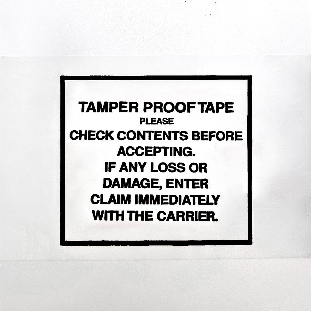Black Text on a white background warning about tamper-proof tape and content check.