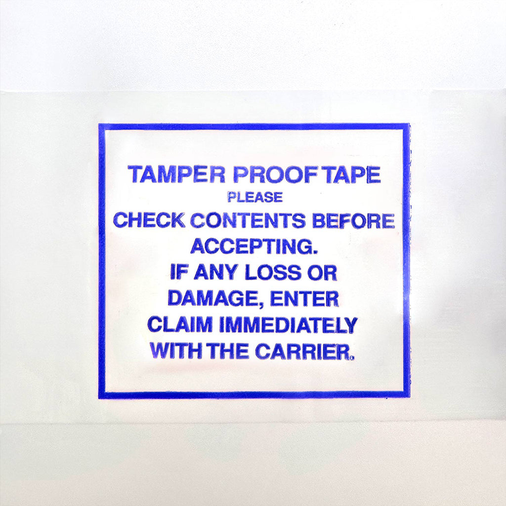 Blue Text on a white background warning about tamper-proof tape and content check.