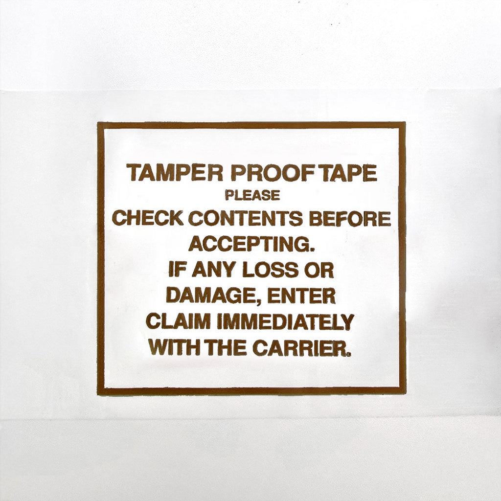 Brown Text on a white background warning about tamper-proof tape and content check.